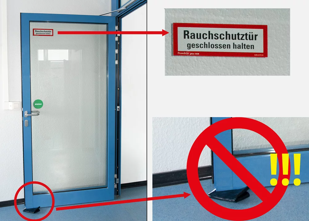 Keine Keile oder Gegenstände zum Offenhalten von Brandschutztüren!