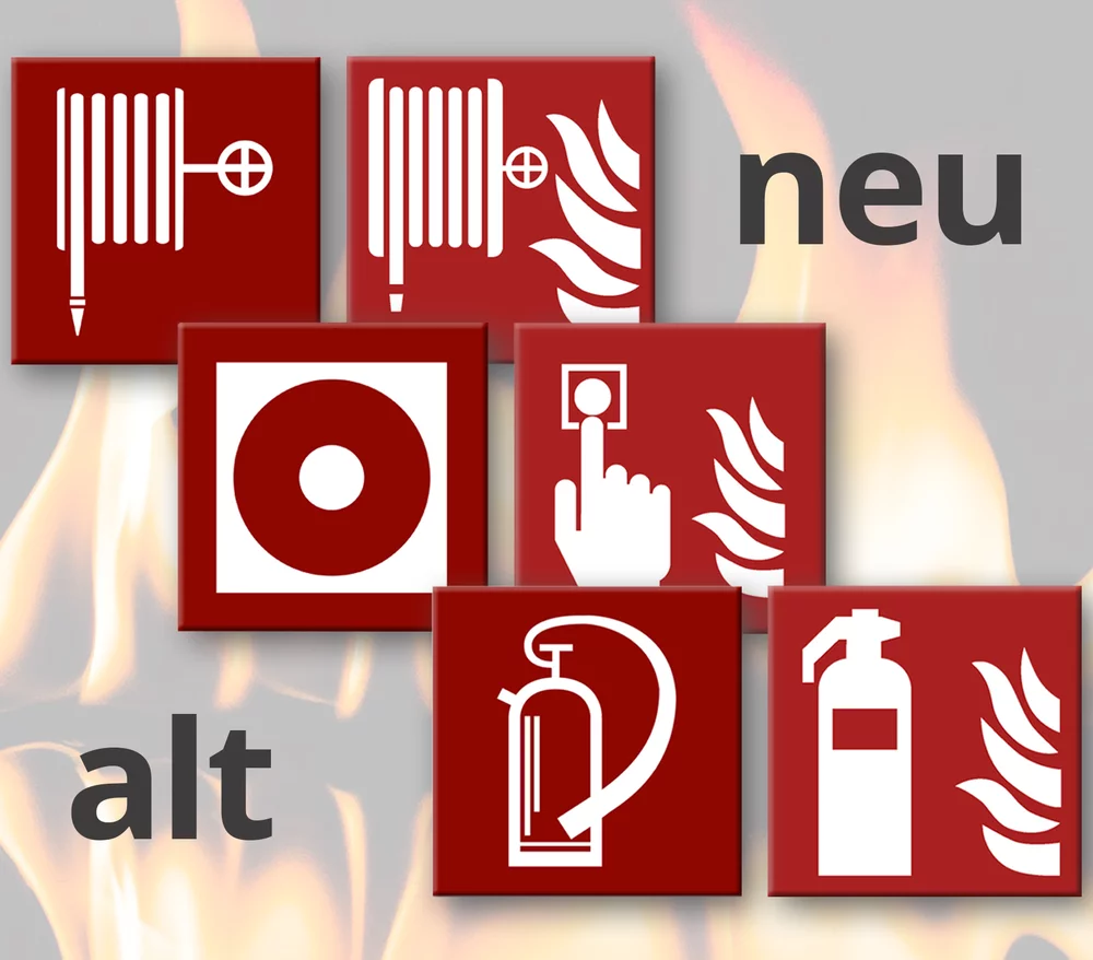 Nach der Norm EN ISO 7010 tragen die neuen Brandschutzzeichen alle ein Flammensymbol als Erkennungsmerkmal.