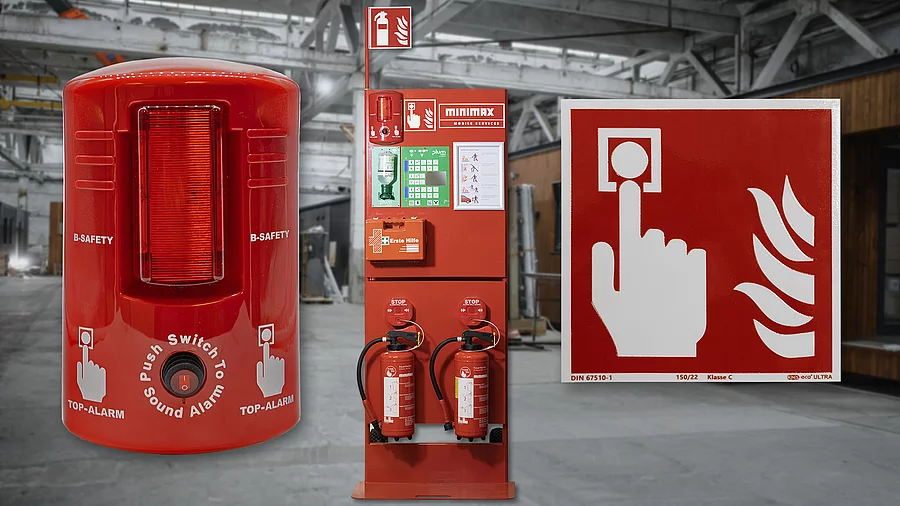 Mobile Brandschutzstation "Safety Station 360°" von Minimax; Abb. manueller Alarm und Brandmeldezeichen F005