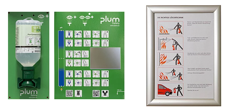Augenspülstation und Grafik "Die richtige Löschtechnik"